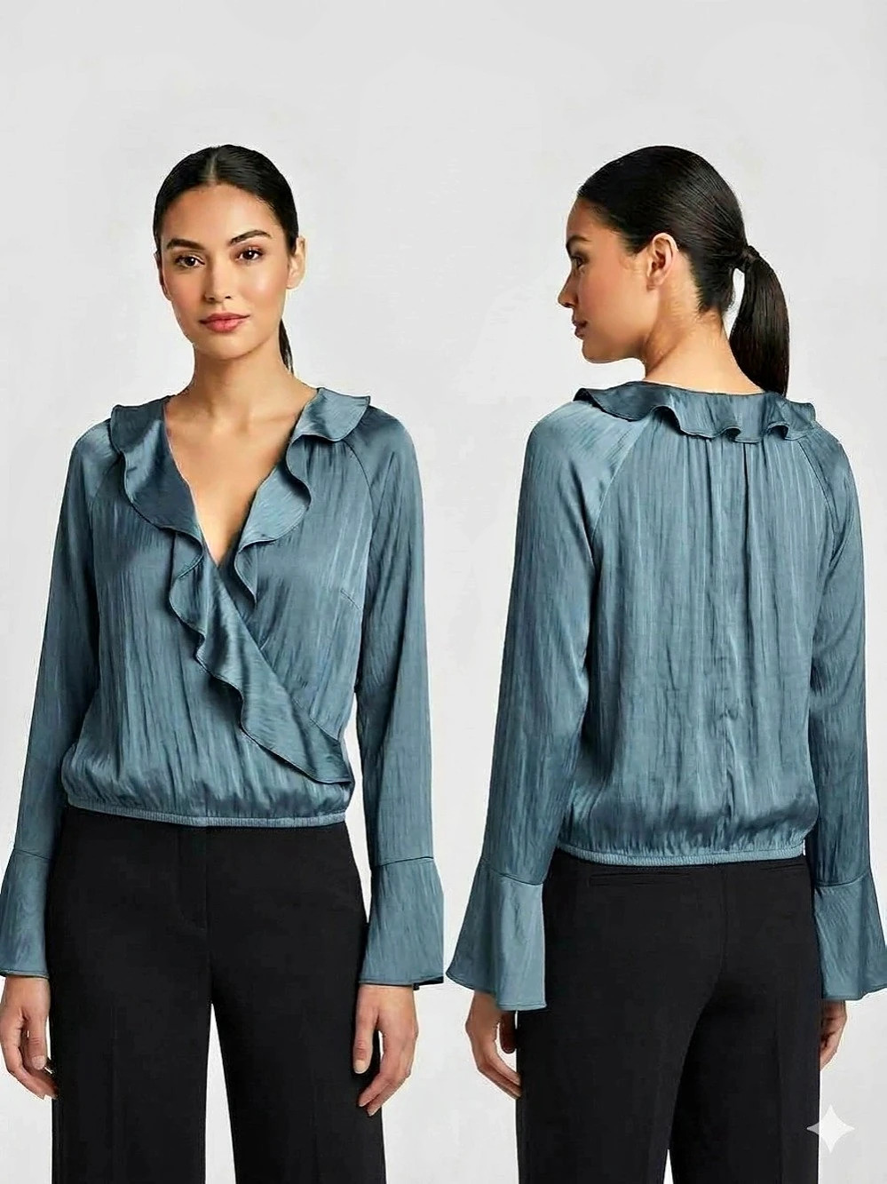 a new day Long-Sleeve V-Neck Ruffle Blouse Blue Large
